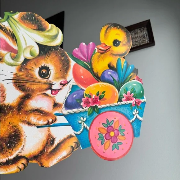 Vintage Easter Bunny Chick Egg Basket Die Cut USA Made Holiday Wall Ephemera - Picture 7 of 15